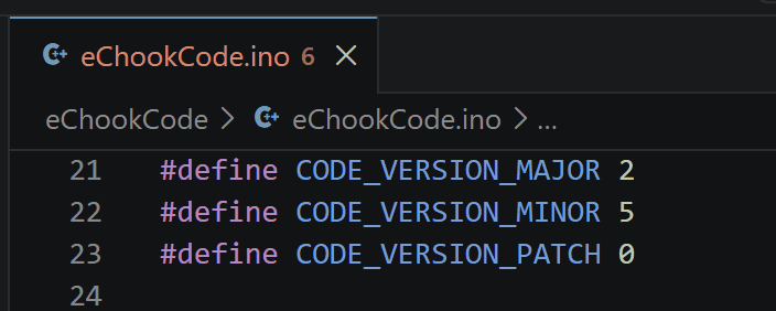 VS Code screenshot of eChookCode.ino showing CODE_VERSION_MAJOR 2, CODE_VERSION_MINOR 5, CODE_VERSION_PATCH 0